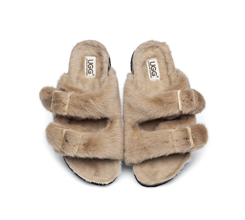 Australian Sheepskin Double Straps Fuzzy Slide Sandals - Image 11
