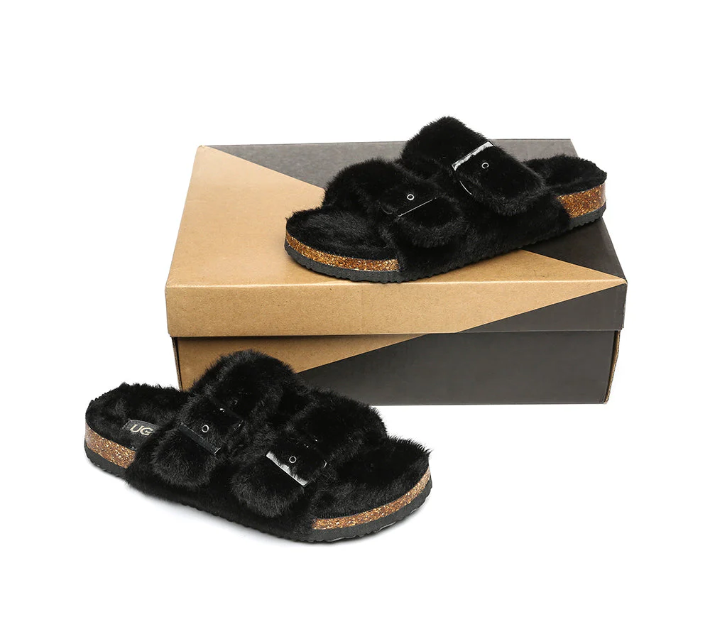 Australian Sheepskin Double Straps Fuzzy Slide Sandals - Image 3
