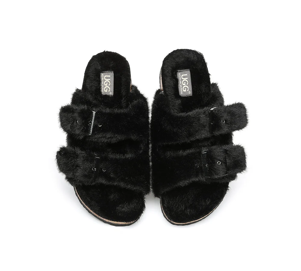 Australian Sheepskin Double Straps Fuzzy Slide Sandals - Image 5