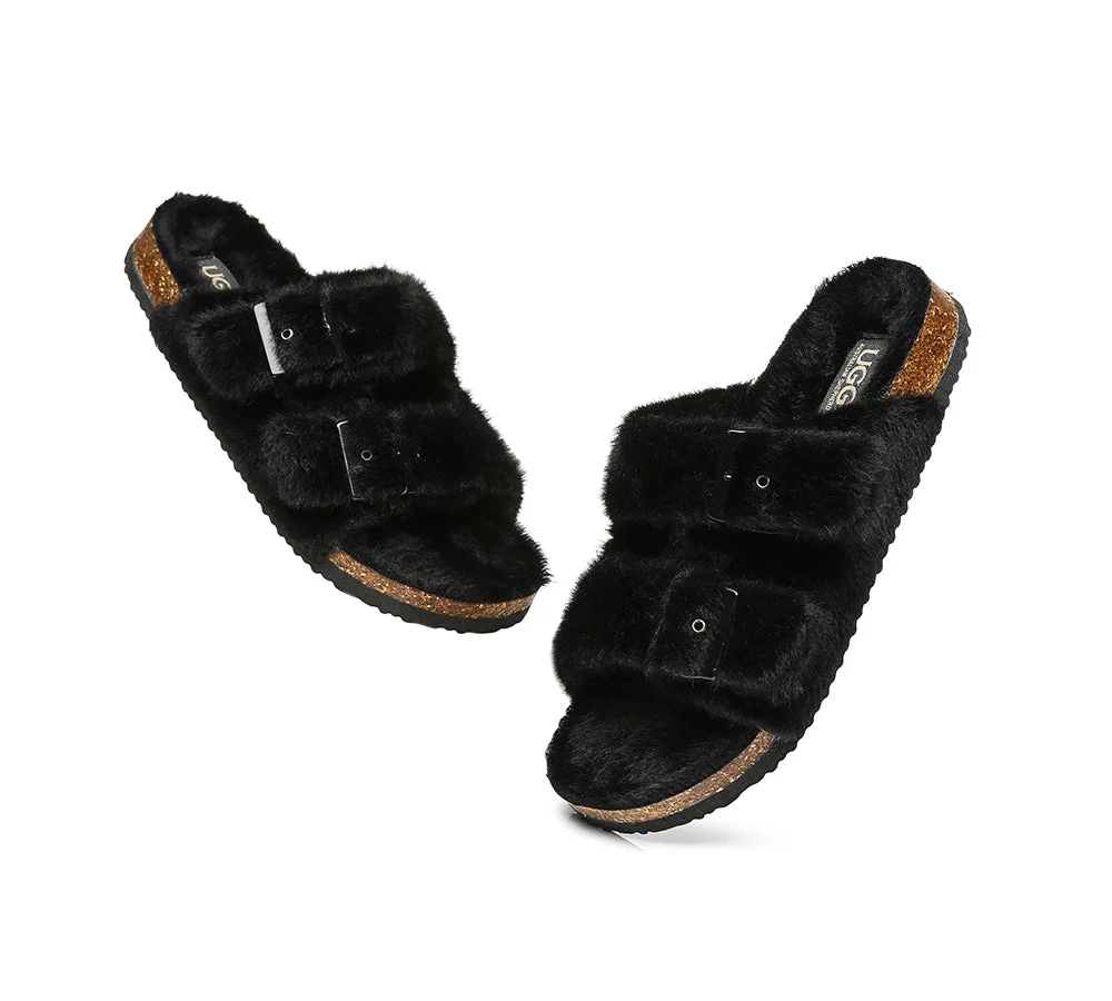 Australian Sheepskin Double Straps Fuzzy Slide Sandals - Image 6