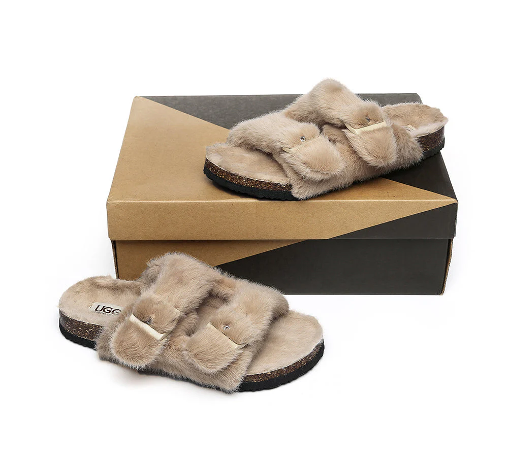 Australian Sheepskin Double Straps Fuzzy Slide Sandals - Image 9