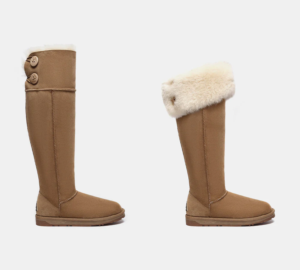 UGG Boots Women Double Faced Sheepskin Wool Tall Button Over-Knee Jenner - Image 3