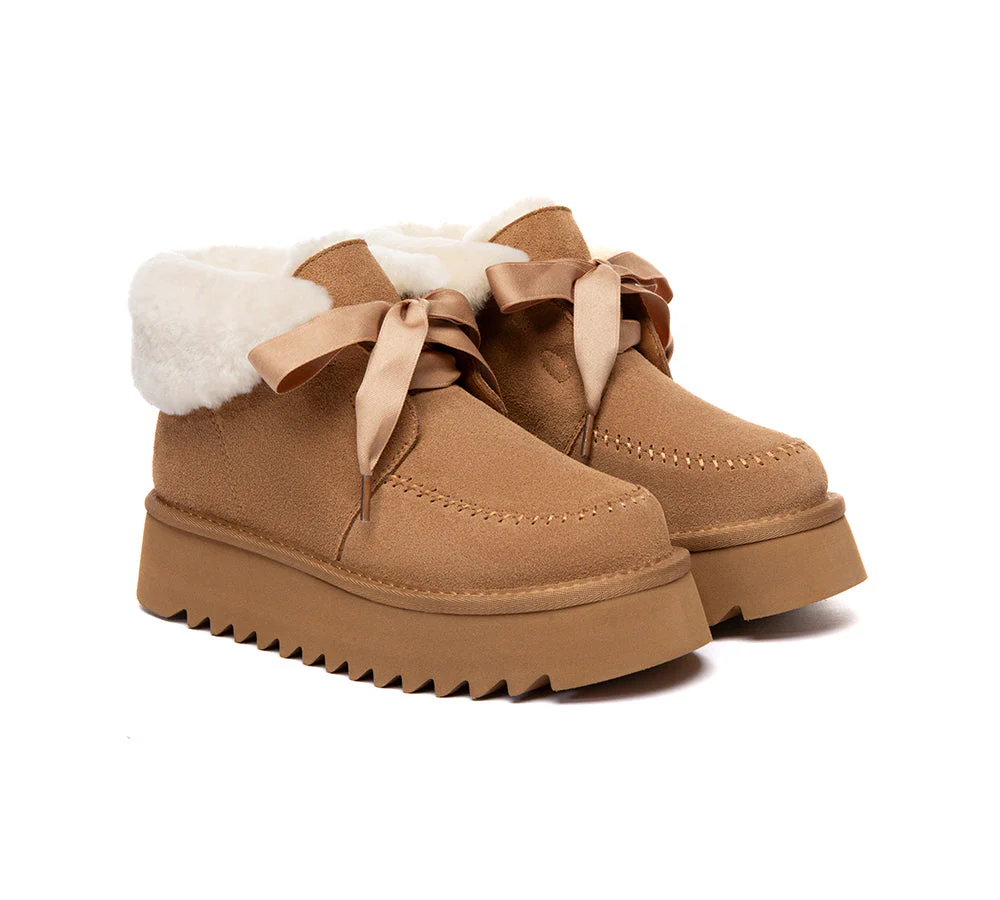 UGG Boots Sheepskin Wool Collar Lace Up Platform Cozira - Image 3