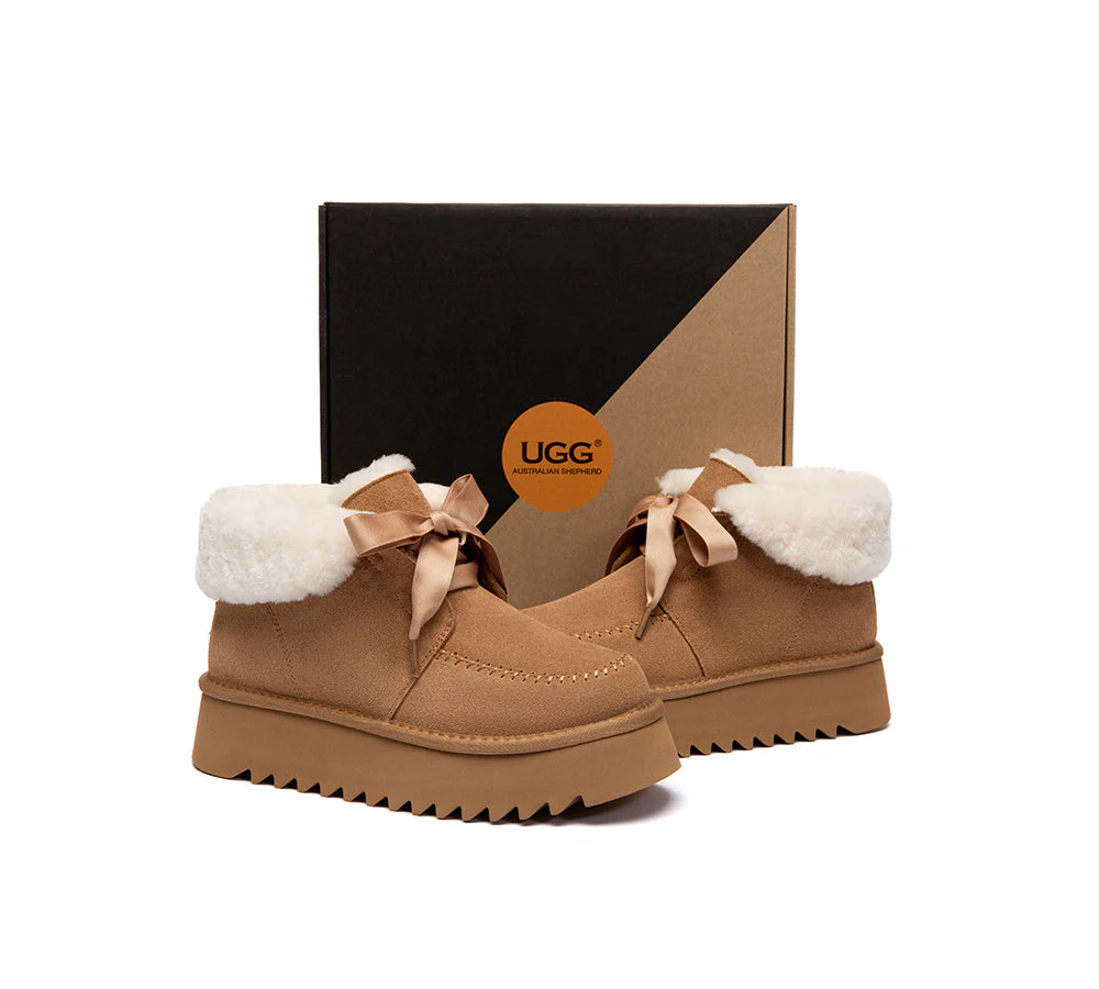UGG Boots Sheepskin Wool Collar Lace Up Platform Cozira - Image 5