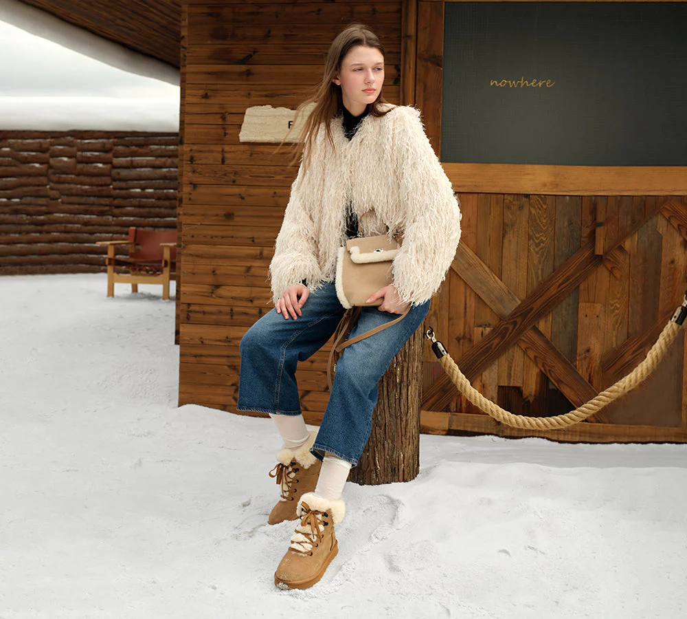 UGG Boots Sheepskin Wool Collar Lace Up Trego - Image 2