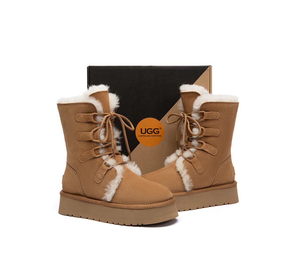 UGG Boots Sheepskin Wool Lace Up Platform Short Brunor - Image 3