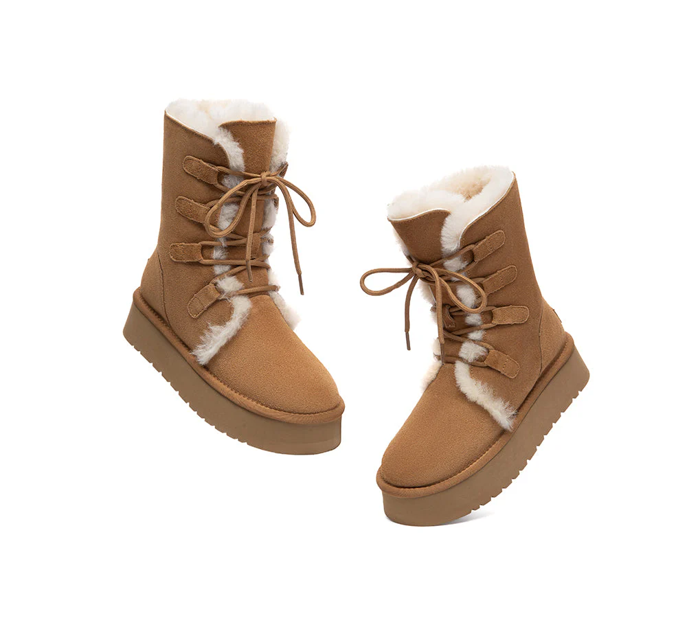 UGG Boots Sheepskin Wool Lace Up Platform Short Brunor - Image 4