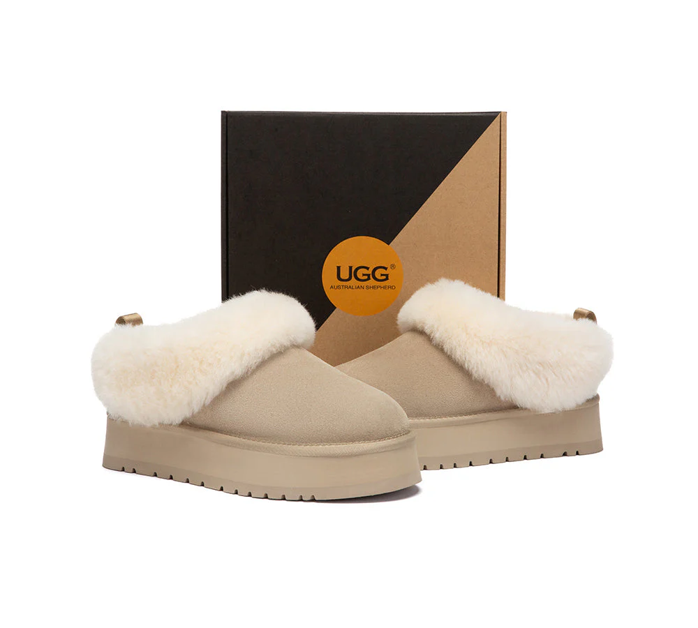 UGG Slippers Sheepskin Wool Collar Ankle Platform Glacial - Image 14