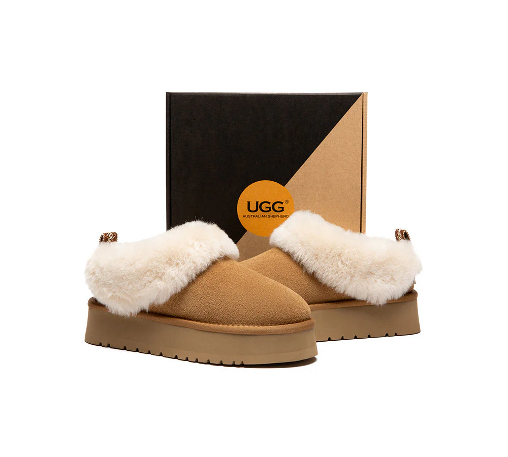 UGG Slippers Sheepskin Wool Collar Ankle Platform Glacial - Image 20