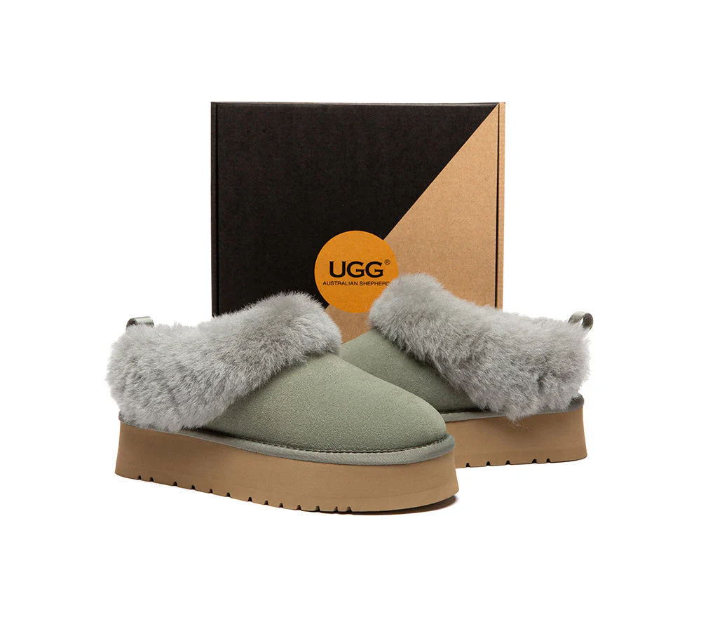 UGG Slippers Sheepskin Wool Collar Ankle Platform Glacial - Image 32