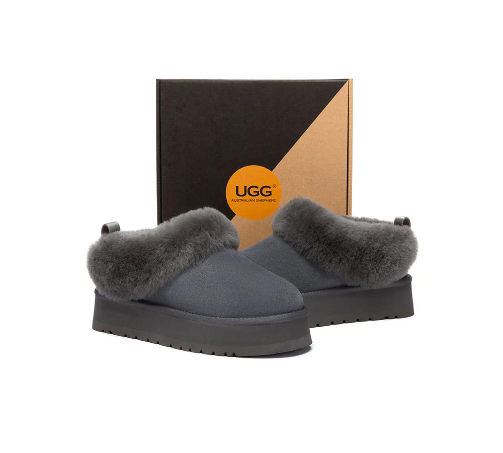 UGG Slippers Sheepskin Wool Collar Ankle Platform Glacial - Image 36