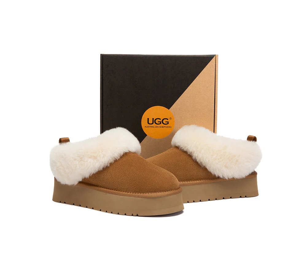 UGG Slippers Sheepskin Wool Collar Ankle Platform Glacial - Image 8
