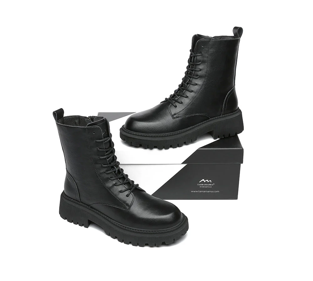 Women Boots Chunky Black Leather Lace Up Boots Cecilia - Image 3