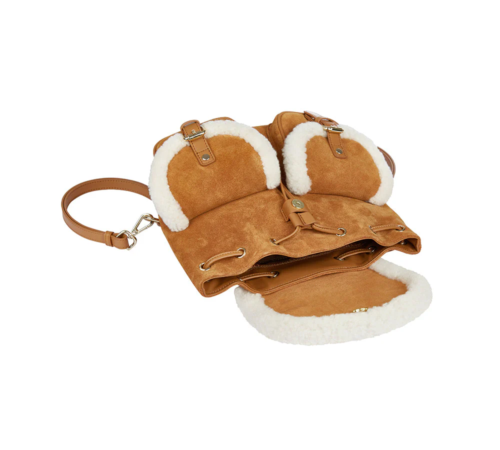 Women Fluffy Wool Adjustable Strap Drawstring Charlie Backpack - Image 7