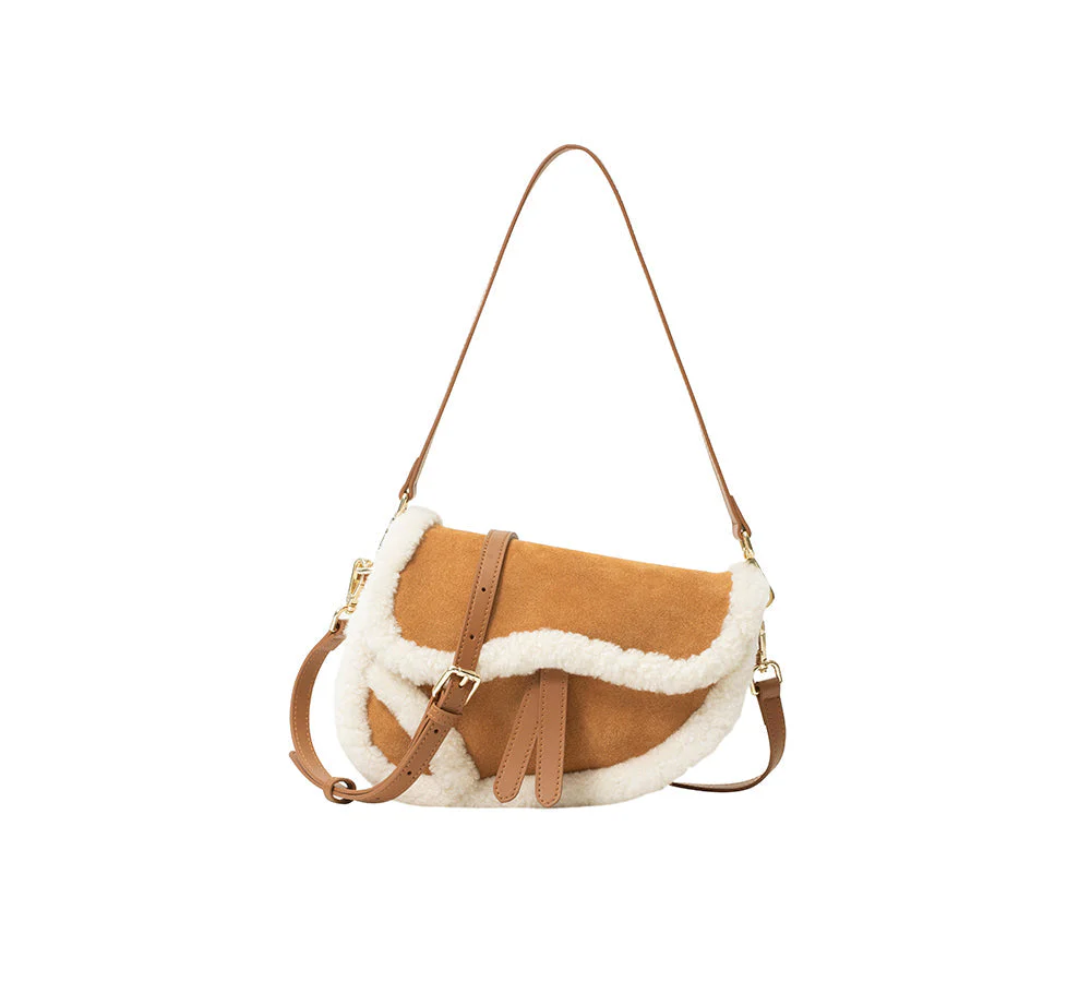 Women Fluffy Wool Adjustable Strap Over Shoulder Saddle Bag - Image 3