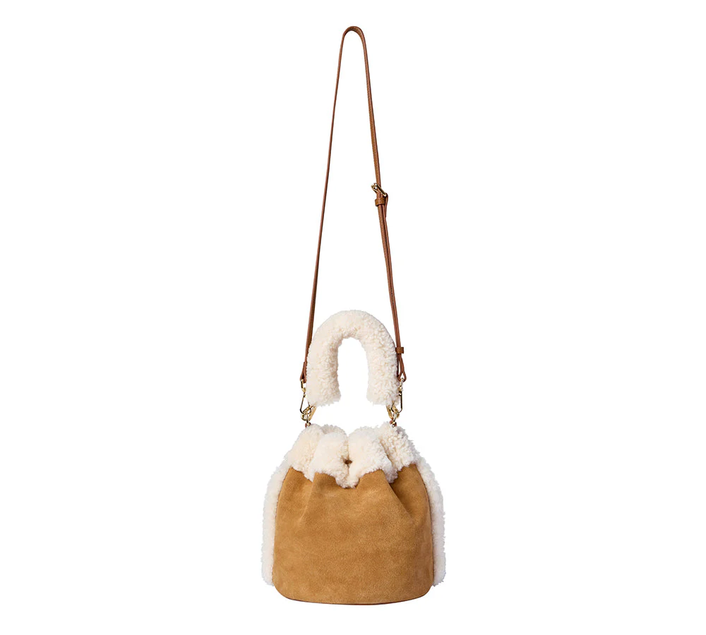 Women Fluffy Wool Drawstring Over Shoulder Bucket Bag Ambrelle - Image 4
