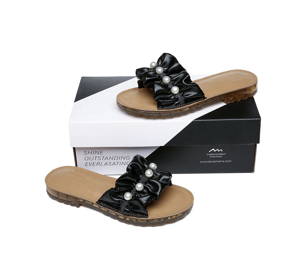 Women Leather Flats Slides Sandals With Pearls Linita - Image 10