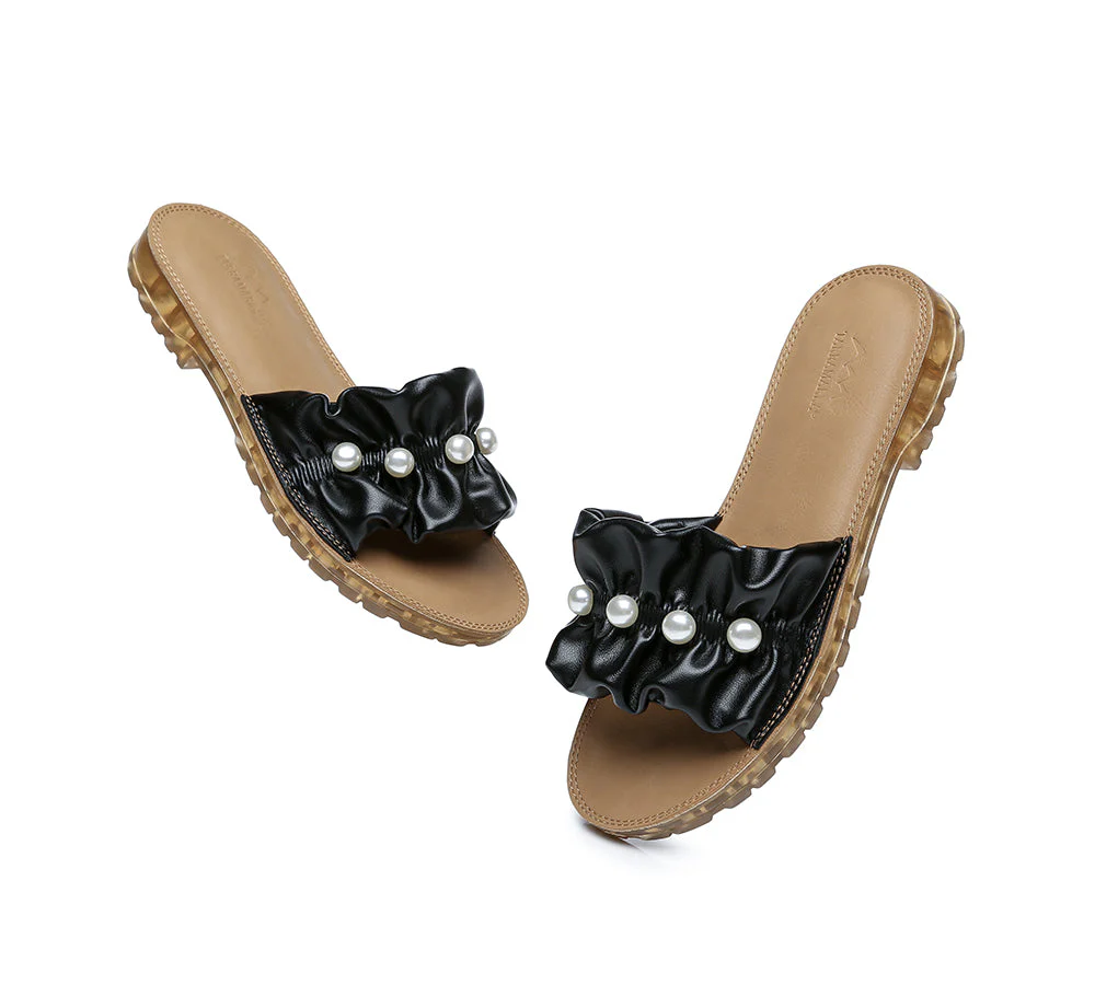 Women Leather Flats Slides Sandals With Pearls Linita - Image 11