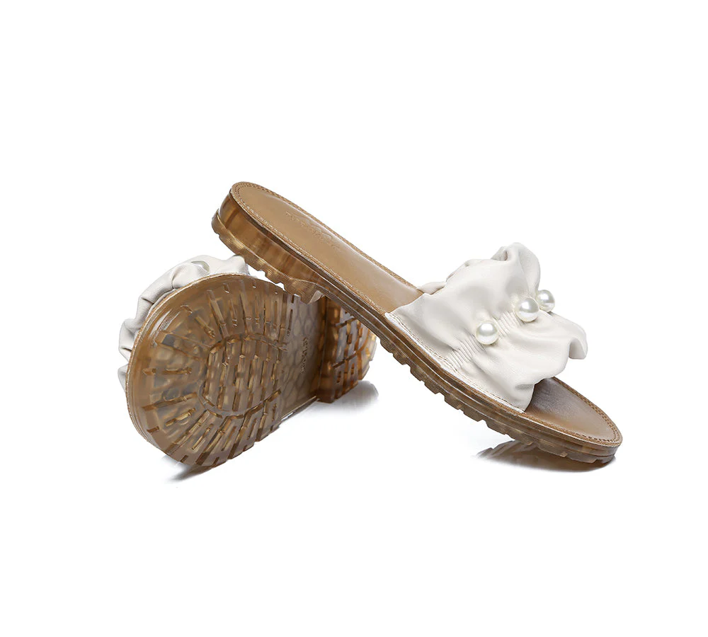 Women Leather Flats Slides Sandals With Pearls Linita - Image 3