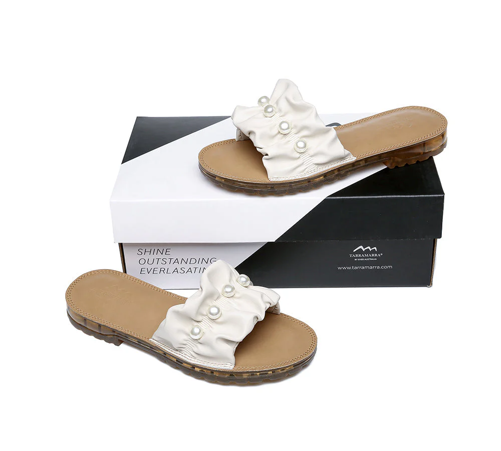 Women Leather Flats Slides Sandals With Pearls Linita - Image 4
