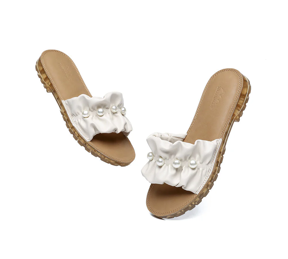 Women Leather Flats Slides Sandals With Pearls Linita - Image 5