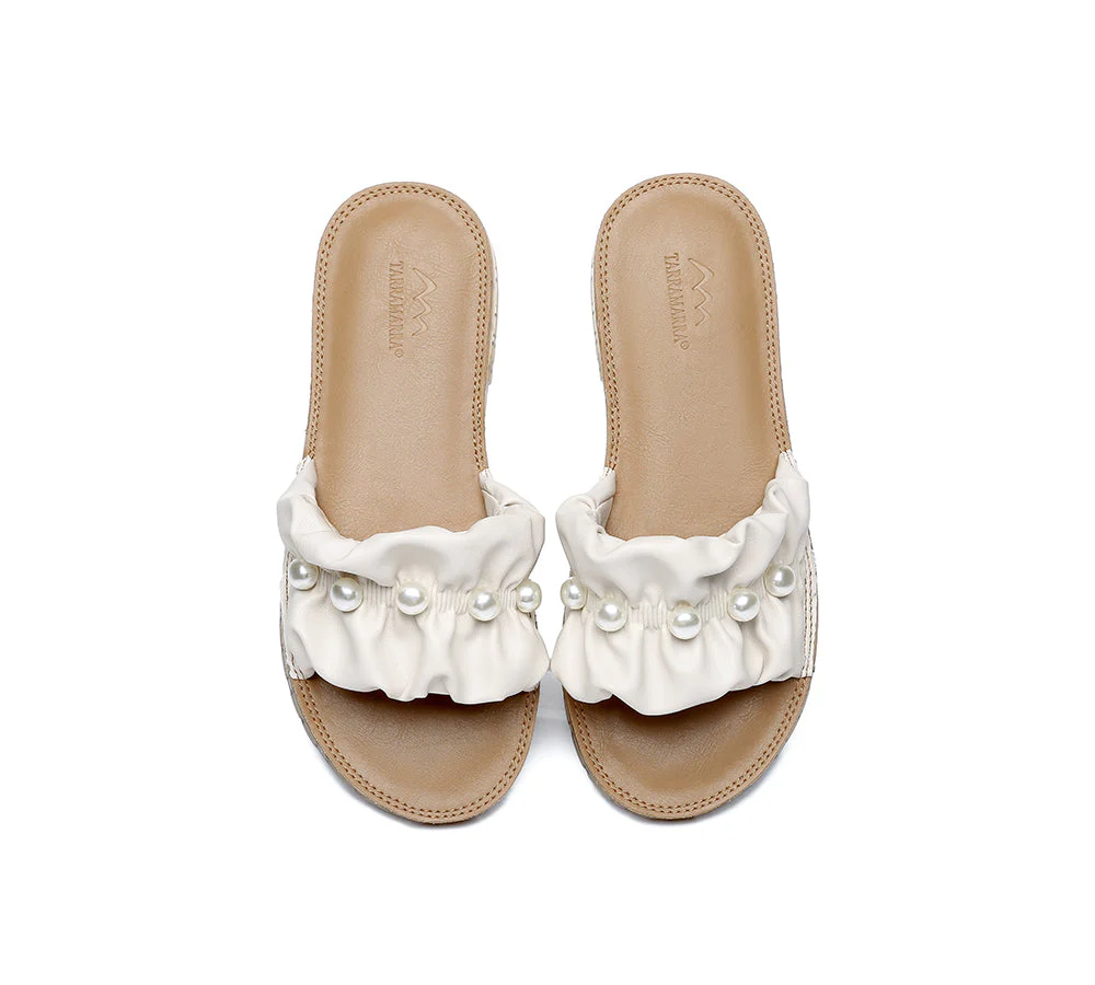 Women Leather Flats Slides Sandals With Pearls Linita - Image 6