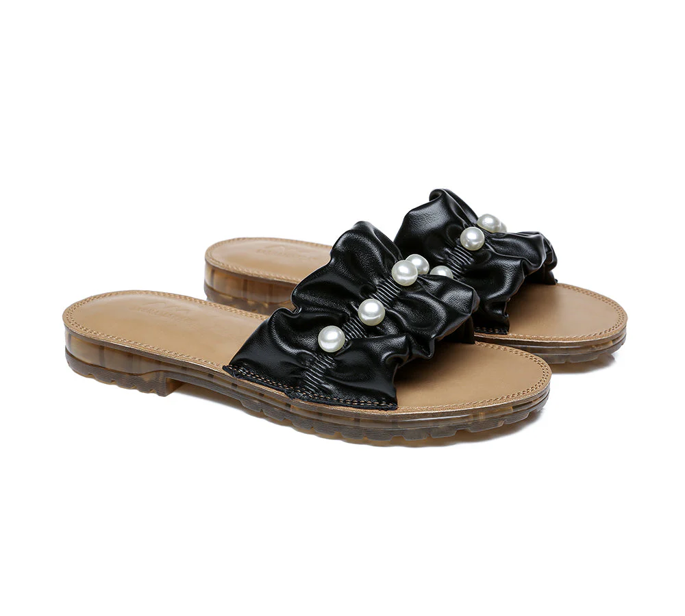 Women Leather Flats Slides Sandals With Pearls Linita - Image 8