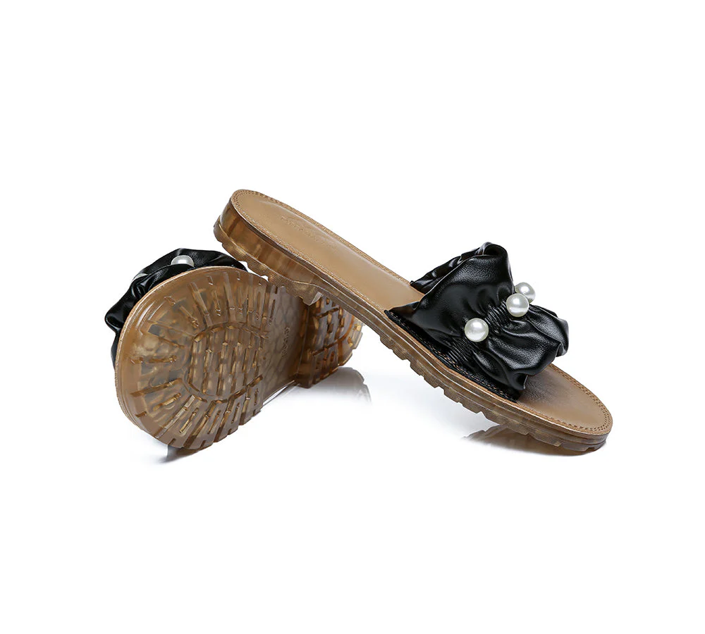 Women Leather Flats Slides Sandals With Pearls Linita - Image 9