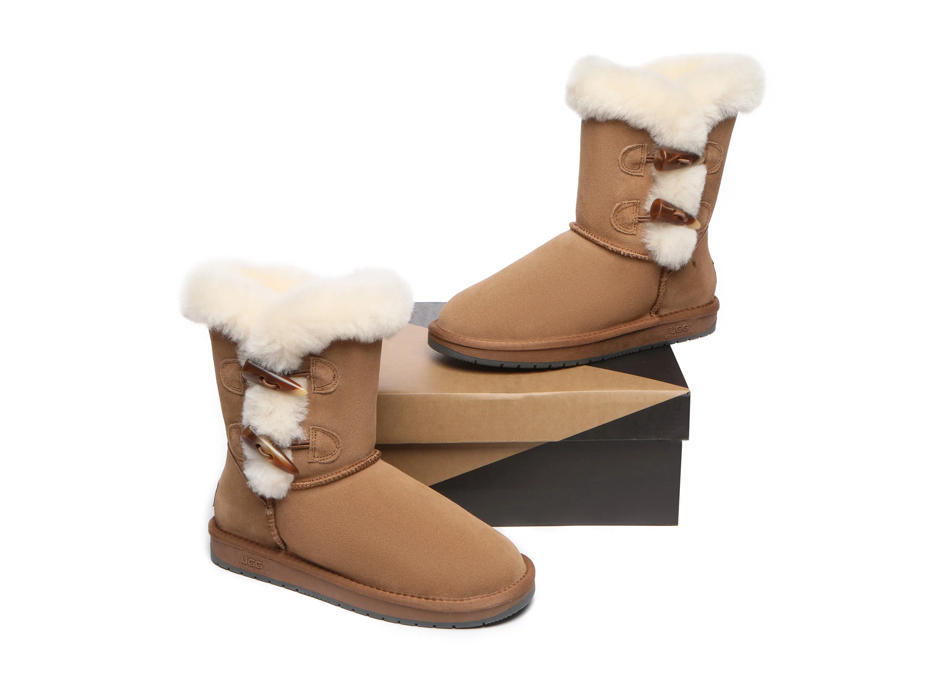 Women Short Boots Talia Twin Face Sheepskin Double Horn Toggle Closure - Image 5
